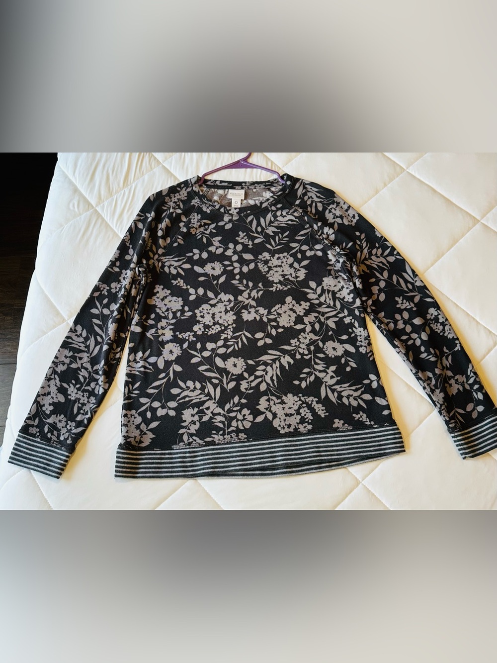 Chico's Charcoal Gray Sweater with Light Gray Floral Print